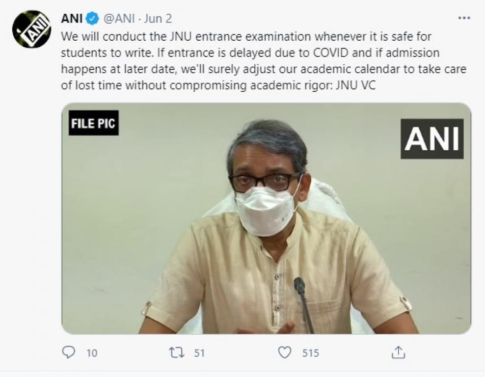 JNUEE 2021 to be conducted when it is safe for students, says VC Jagadesh Kumar