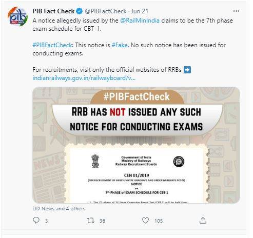 PIB_Tweets_on_fake_RRB_NTPC_2021_CBT_1_exam_dates_for_7th_Phase