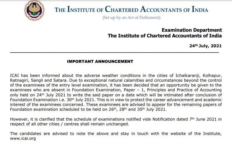 CA Foundation rescheduling notice
