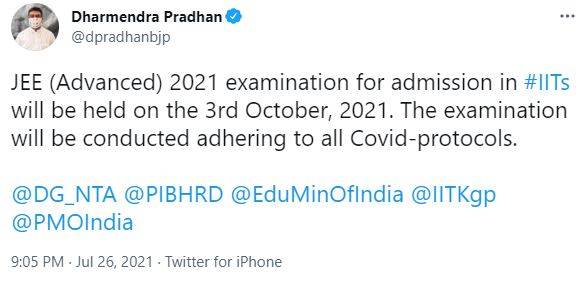 JEE Advanced 2021 exam dates - twitter