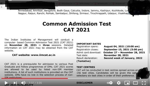 Screenshot of purportedly leaked CAT 2021 notification