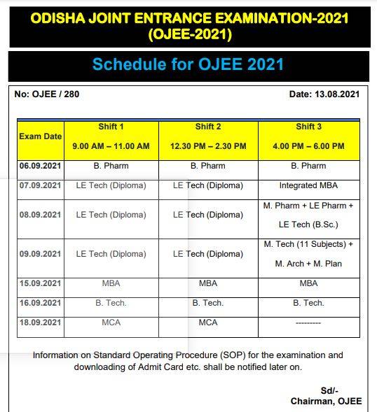 OJEE exam schedule