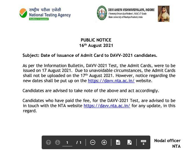 DAVV CET 2021 Admit Card