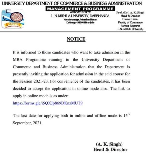 LNMU MBA admission notice
