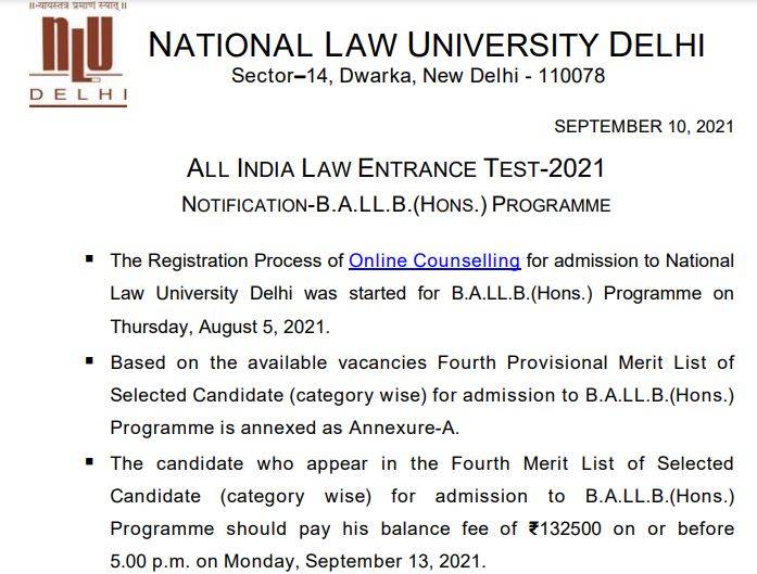 AILET 2021 merit list for round 4 admissions out; check details