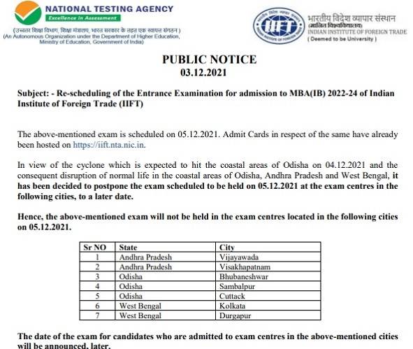 IIFT exam postponement notice