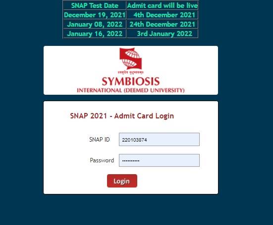 SNAP 2021 admit card window