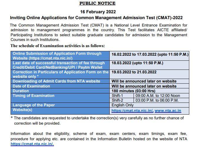 CMAT 2022 notice
