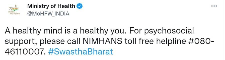 Ministry of Health tweet on NIMHANS toll free number