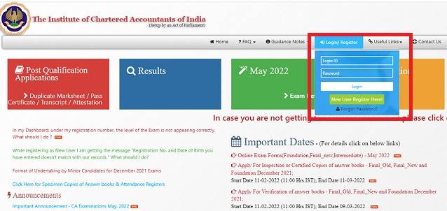 ICAI CA application form window