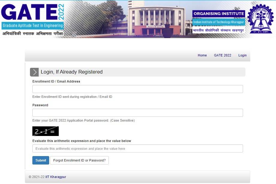 GATE 2022 login page