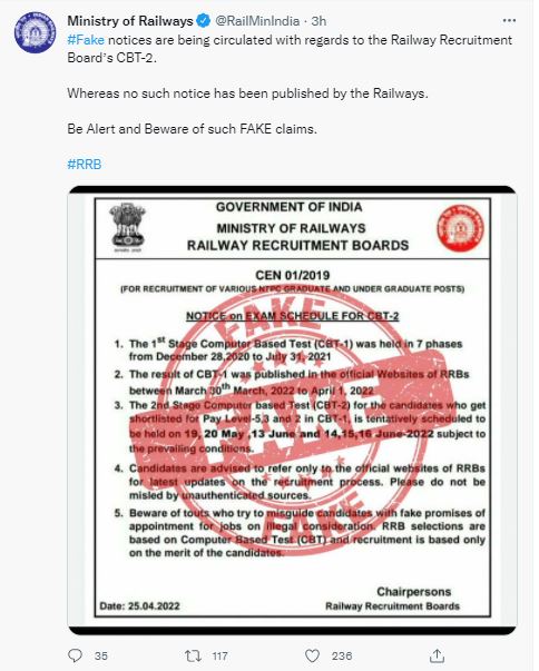 RRB NTPC Tweet on Fake Notice