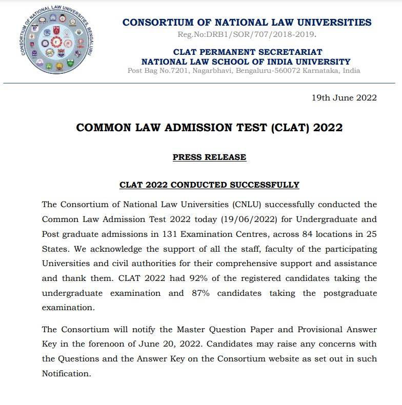 CLAT 2022 Latest Update 92 UG and 87 PG candidates appeared, Answer