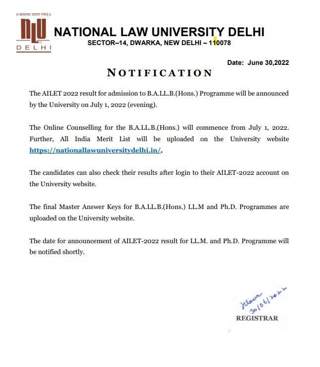 AILET 2022 Final Answer Keys released, Results to be out by 6 pm today