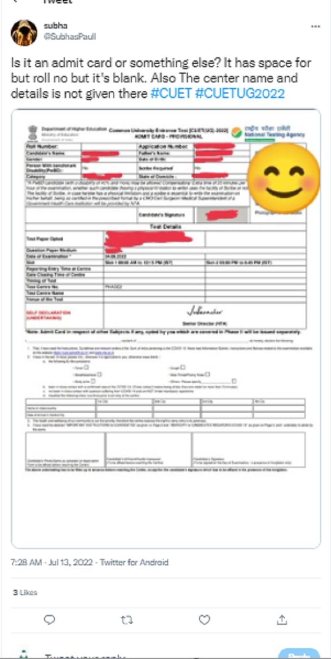 CUET UG Admit card 2022 released with missing details, students flood