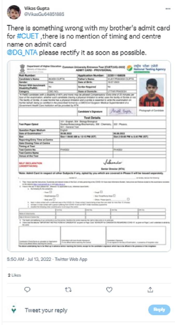 CUET UG Admit card 2022 released with missing details, students flood
