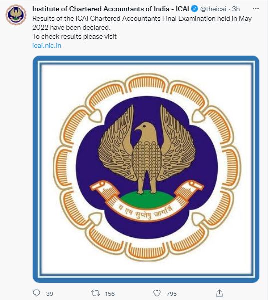 ICAI CA Final result announcement on Twitter