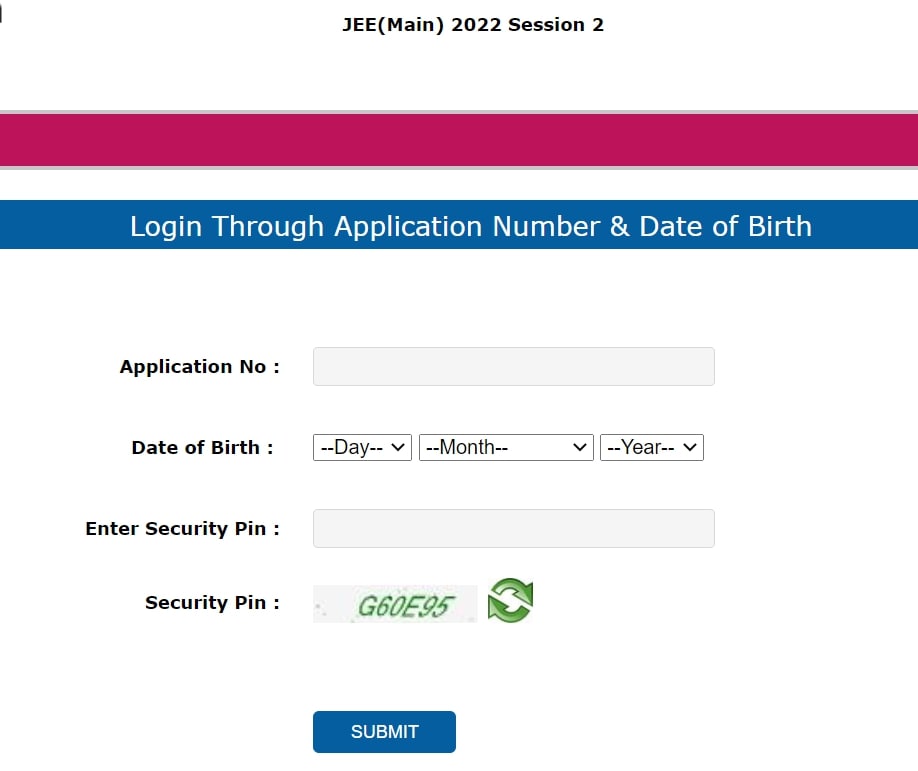 JEE Main 2022 admit card login window