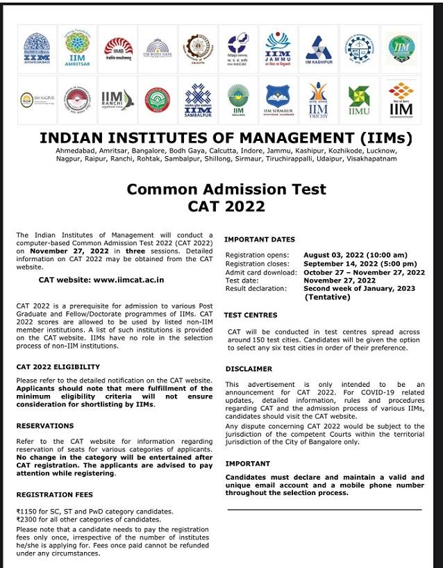 CAT 2022 Notification Out Download CAT Exam Notification PDF Here