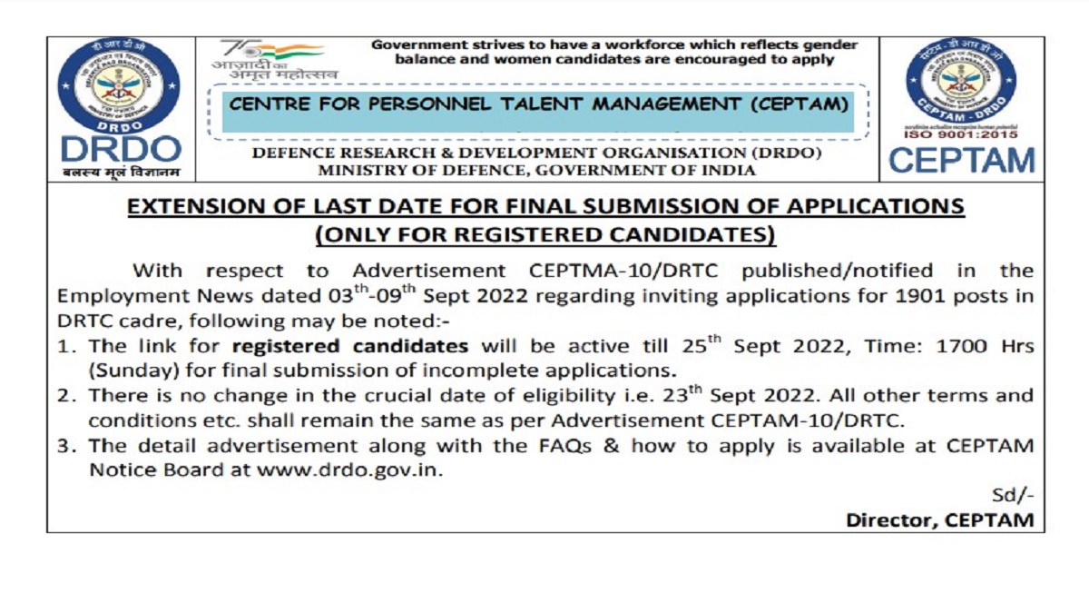 DRDO CEPTAM 10 DRTC Application Date Extended; Check Details Here
