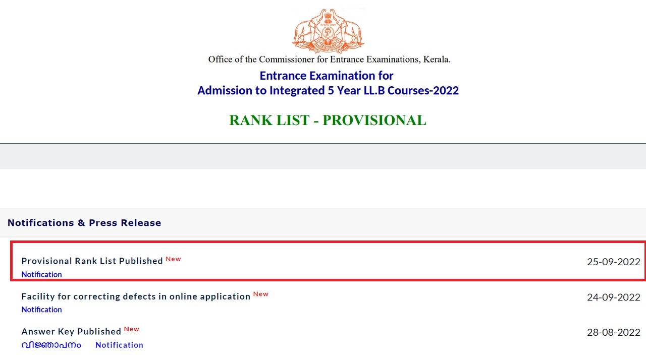 KLEE 2022 Rank List and Revised Answer Key released for fiveyear LLB