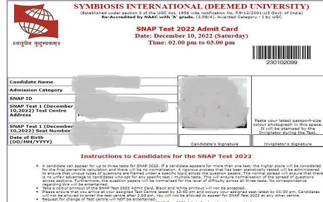 SNAP 2022 admit card