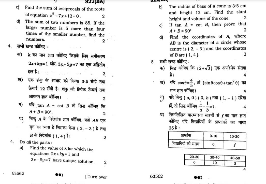 UP Board Class 10 Maths Question Paper 2023, 2022, 2021 PDF Download