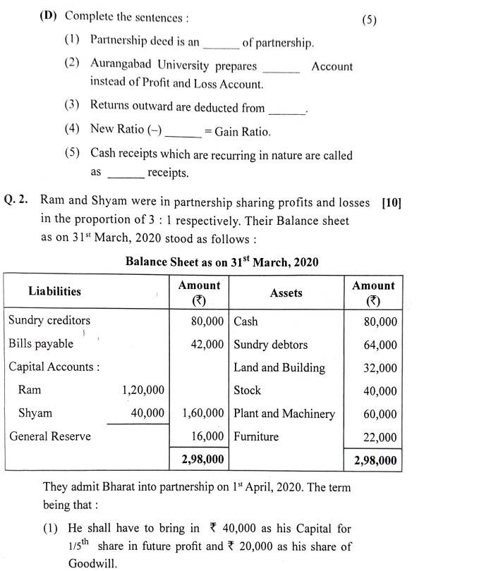 Maharashtra 12th HSC Board Book Keeping and Accountancy Question Paper