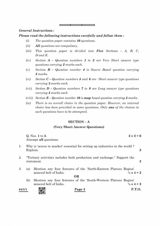 CBSE Class 12 Geography Question Paper 2023, 2022, 2019 PDF Download