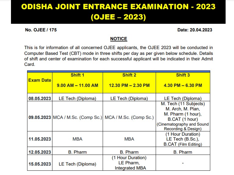 OJEE 2023 shift timings