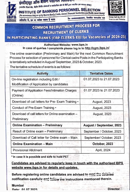 Snapshot of IBPS Clerk short notice