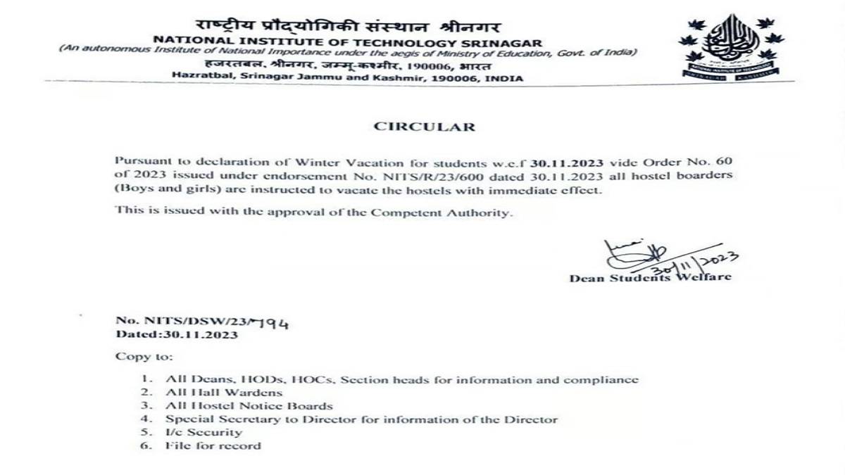NIT Srinagar Winter Vacation Notice PDF