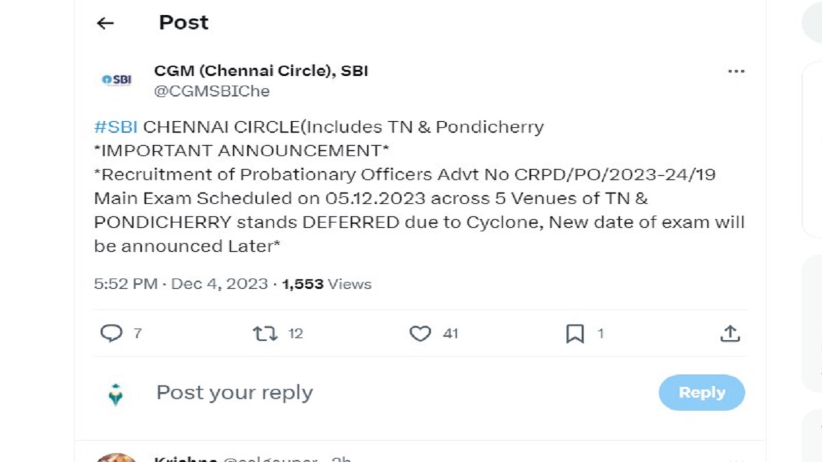Tweet by CGM Chennai Circle regarding the postponement of SBI PO mains exam
