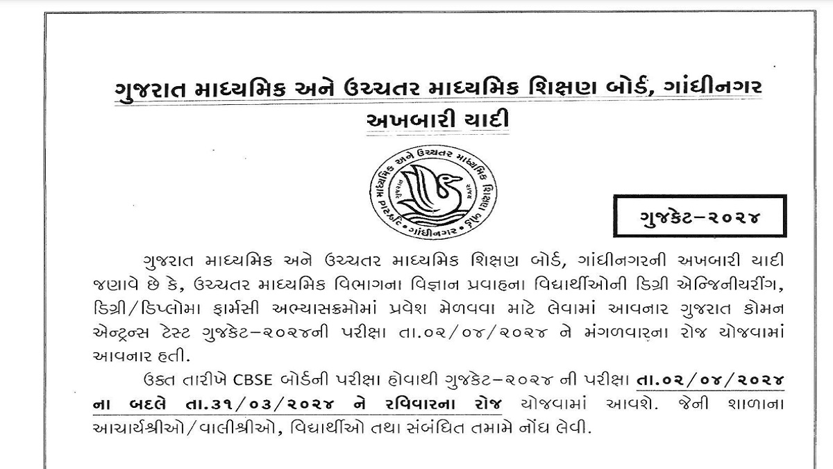 GUJCET 2024 Exam Date Revised Notice