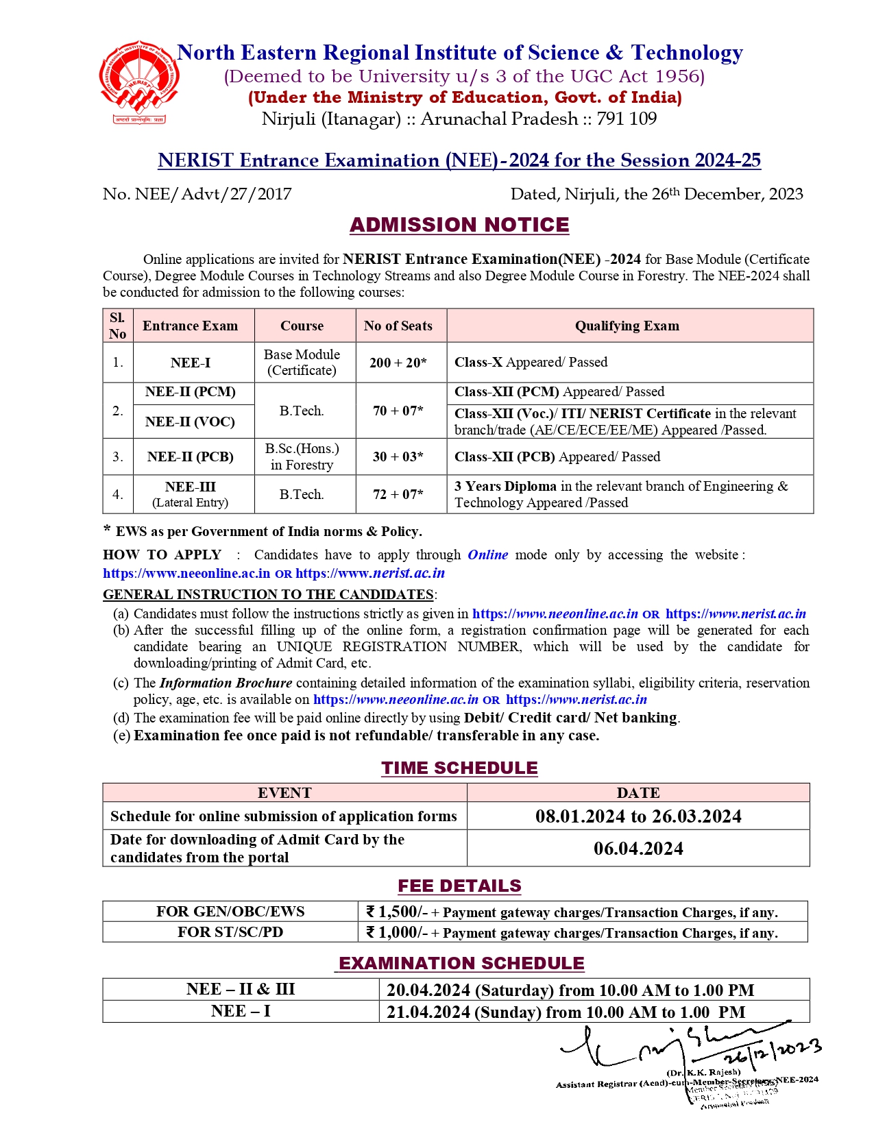 NEE 2024 admission notice