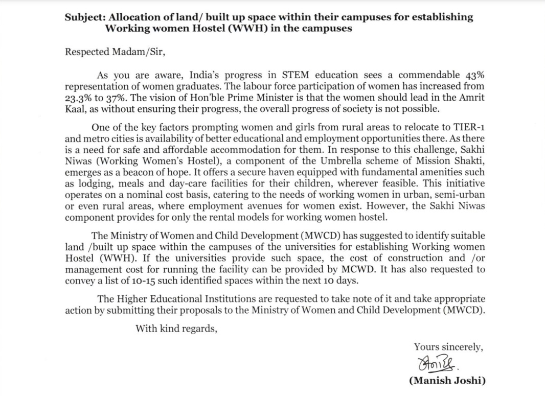 UGC Urges Universities to Establish Working Women's Hostels