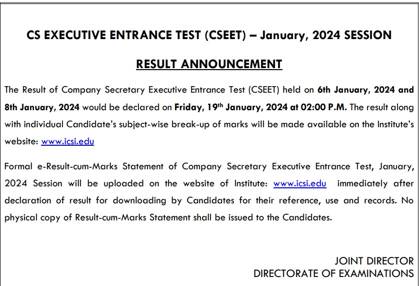 CSEET Result 2024 Notification