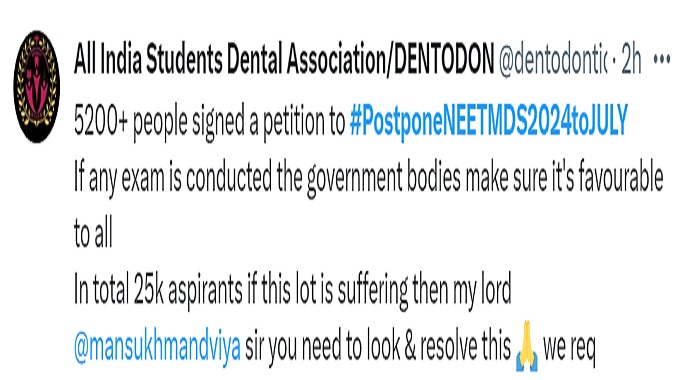 NEET MDS 2024: Over 5200 candidates sign petition to postpone exam  Recently, NBE postponed the NEET MDS 2024 exam to March 18, 2024, from the earlier schedule of February 9, 2024. Yet, candidates are demanding more time to prepare for the examination, hence, they have urged to postpone the exam to July 2024 under the #PostponeNEETMDS2024toJULY.  NEET MDS 2024 exam is all set to be held on March 18, 2024. Earlier, the exam was scheduled to be held on February 9, 2024. However, NEET MDS 2024 exam date postponed to March 18 by National Board of Examinations in Medical Sciences (NBEMS) recently. The candidates are still not pleased with the exam deferment and they want further postponement of the exam to July 2024. As per All India Students Dental Association/DENTODON, more than 5200 people signed a petition to postpone exam to July 2024. The Association has written on X, 