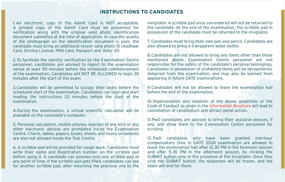 GATE 2024 Guidelines Mentioned on Admit Card 
