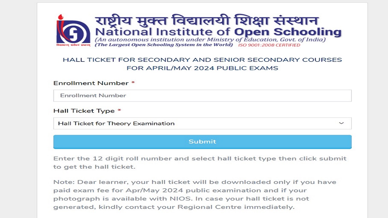 NIOS Hall ticket 2024 Theory