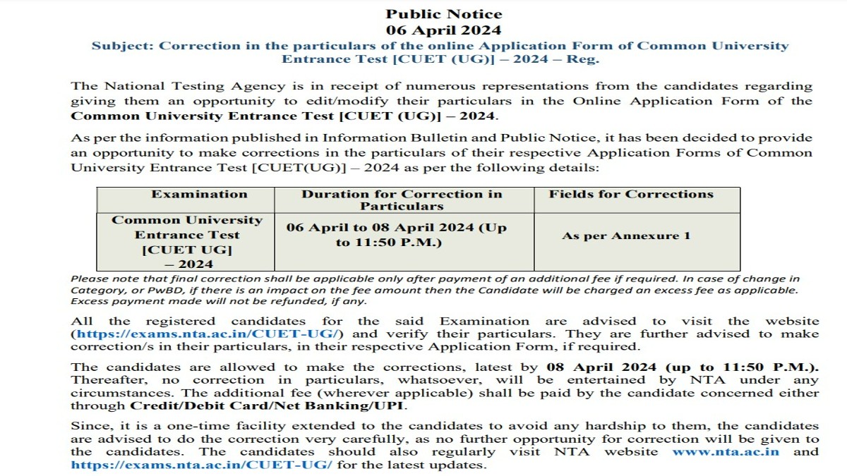 CUET 2024 Application Form Live Updates CUET UG correction window link