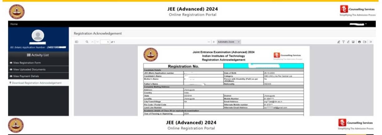 JEE Advanced registration acknowledgement