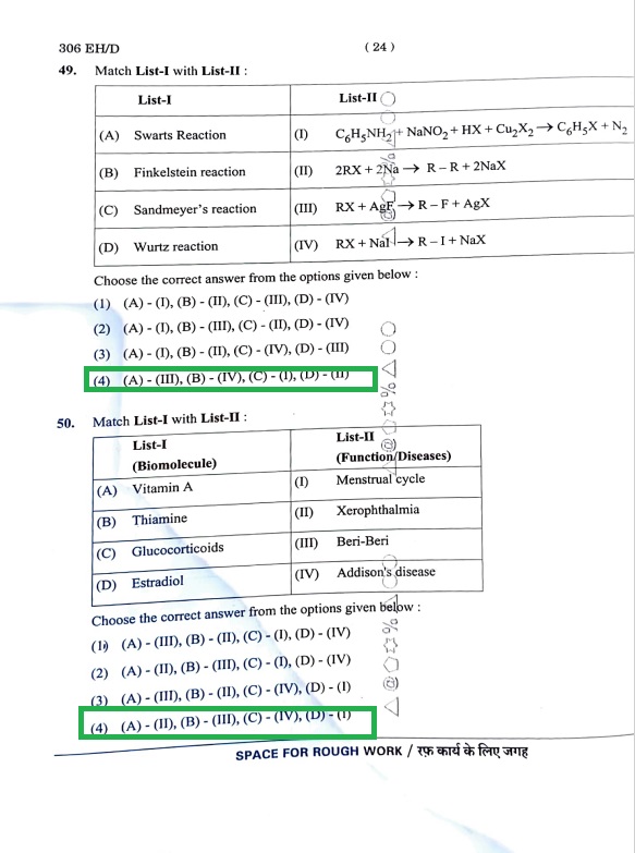 CUET Chemistry answer Key 2024