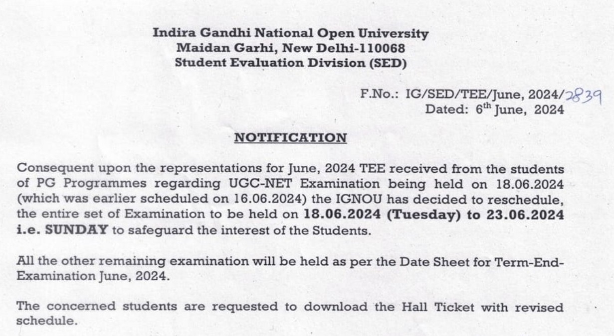 IGNOU TEE June 18 Exam Date Rescheduled