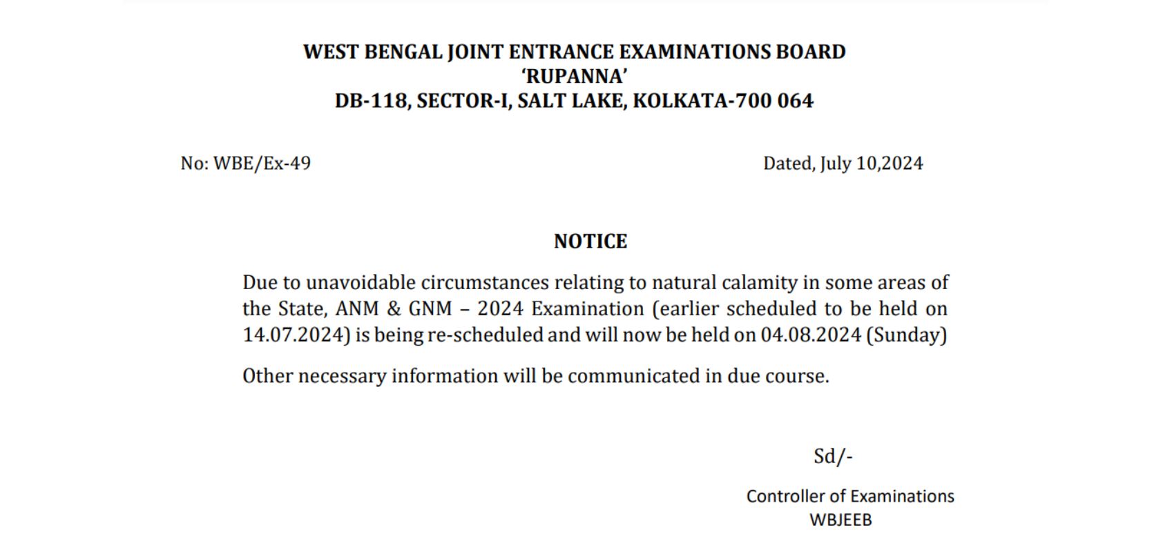 WB ANM GNM Exam Date 2024