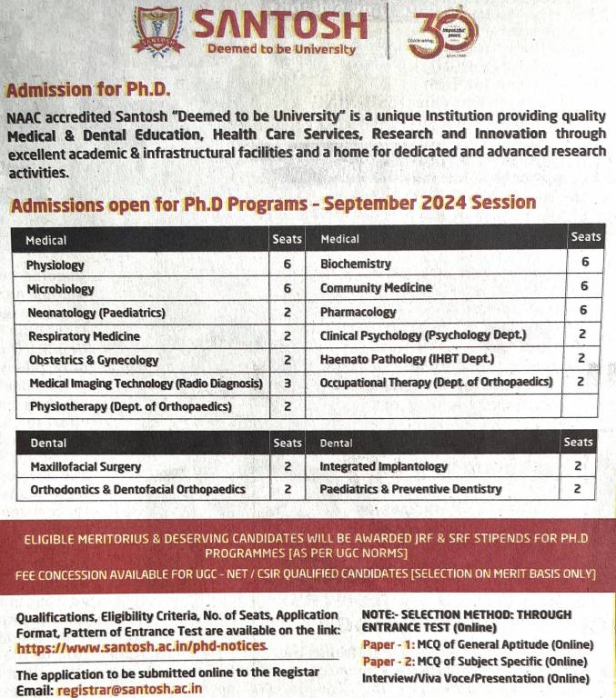 Santosh University PhD admission process 2024