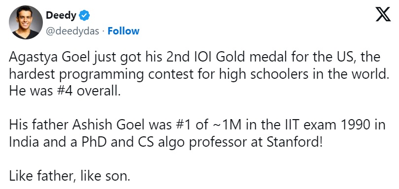 Son of IIT JEE 1990 Topper, Wins Gold at World's Toughest Programming Olympiad