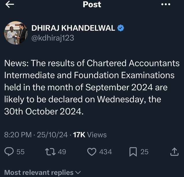 CA result date announcement on X 