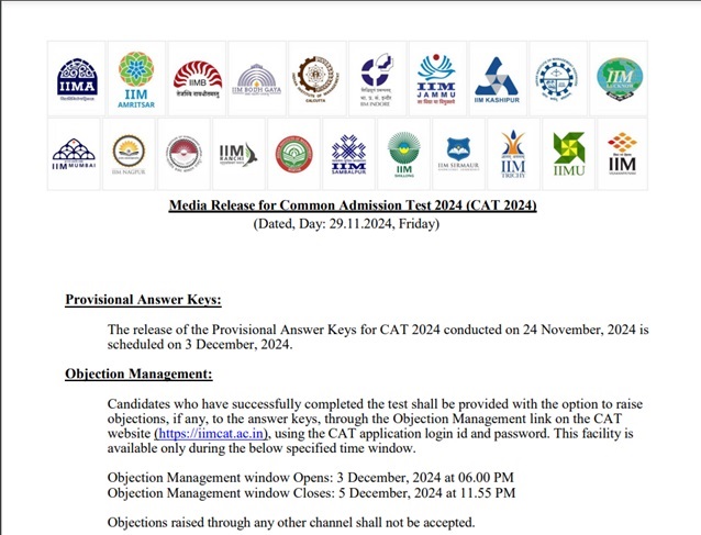 CAT 2024 answer key notice