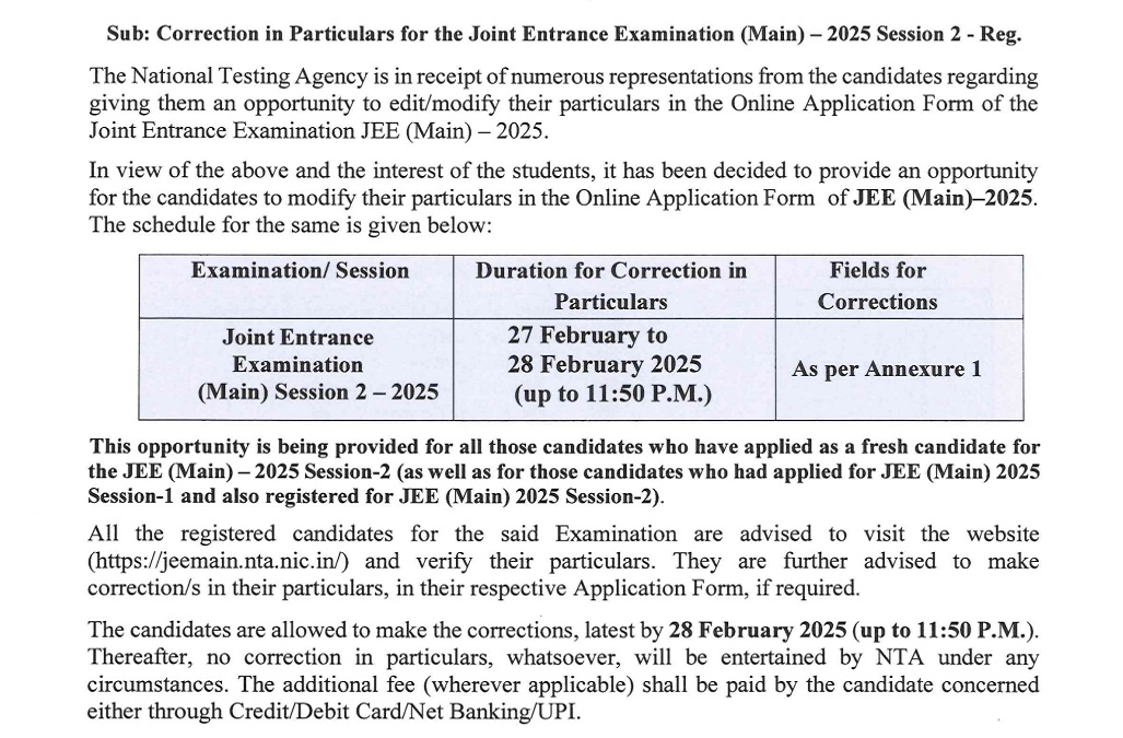 JEE Main 2025 Application Form Correction Facility Notice